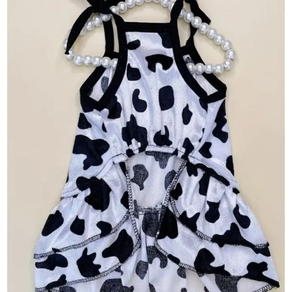 Cow Graphic Dog Pet Cat Dress With Ruffled Trim and Tie Up Strings For Easy Dres